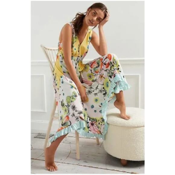 BY ANTHROPOLOGIE Medium Midi Dress Tiered Yellow Modal Ruffle Tie - Picture 1 of 9